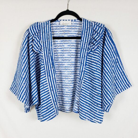 By Anthropologie Nautical Eyelet Shrug Cardigan Womens OS Blue Striped Boxy - Picture 2 of 9